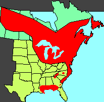 Das Gesamtverbreitungsgebiet der Sarracenia mit S. purpurea. Die dunkelgrÃ¼nen Zonen kennzeichnen Kanada.